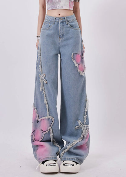Blue Butterfly Patch Tassel Denim Straight Pants Spring