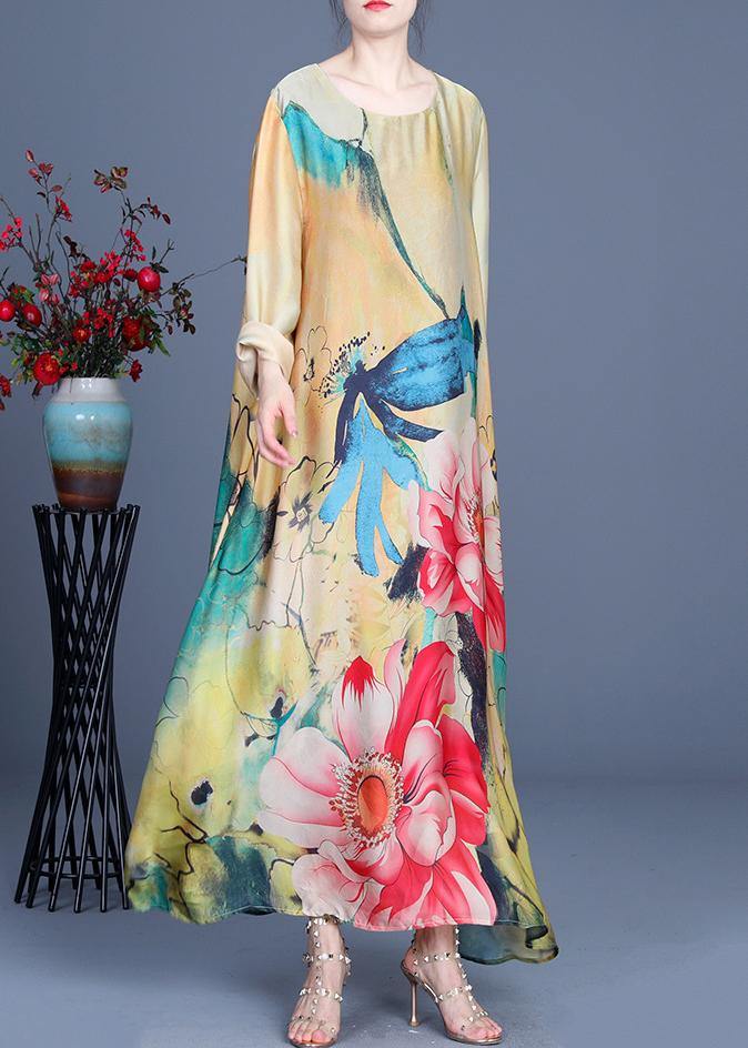 Fitted Yellow Print Long Sleeve Chiffon Maxi Dresses Summer