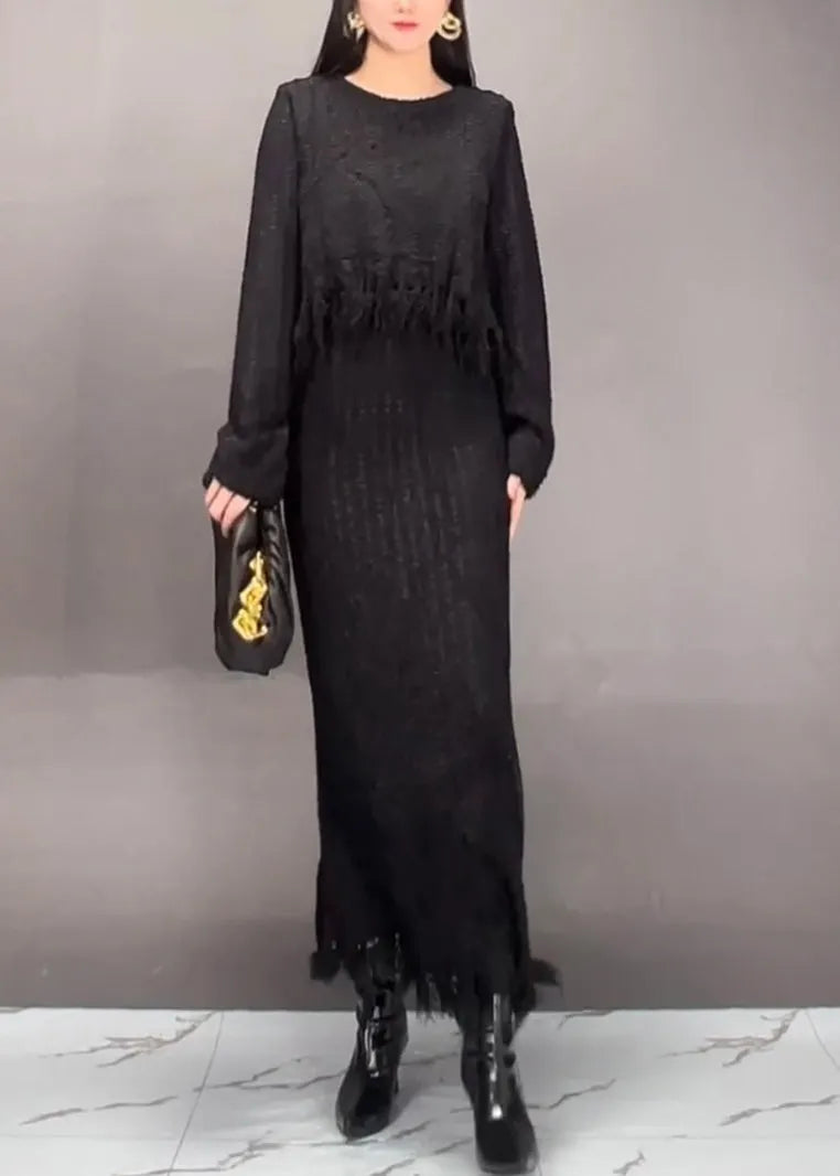 Stylish Brown O-neck Asymmetrical Tassel Top and Maxi Skirts Two Pieces Set Fall