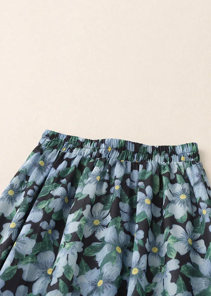 Blue Print Elastic Waist Cotton Skirts Summer