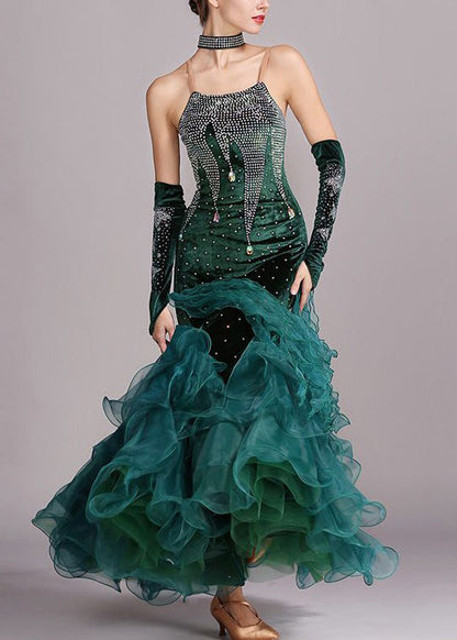 Blackish Green Zircon Tulle Patchwork Spaghetti Strap Dress Sleeveless
