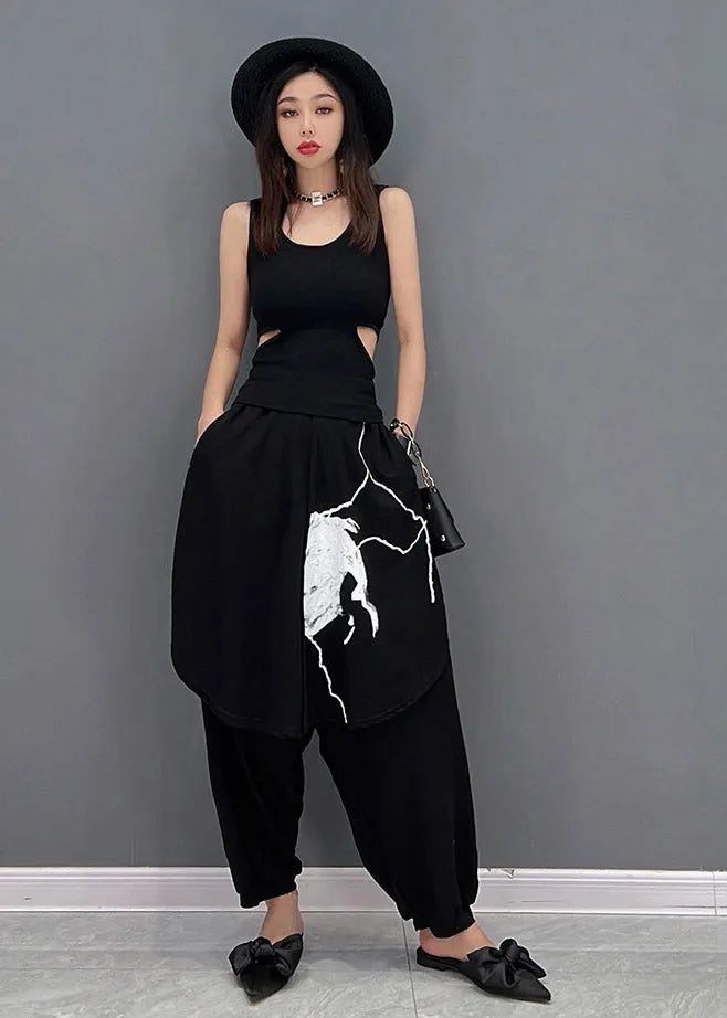 Vogue Black O-neck Tank Top and Harem Pants Two Pieces Set Summer