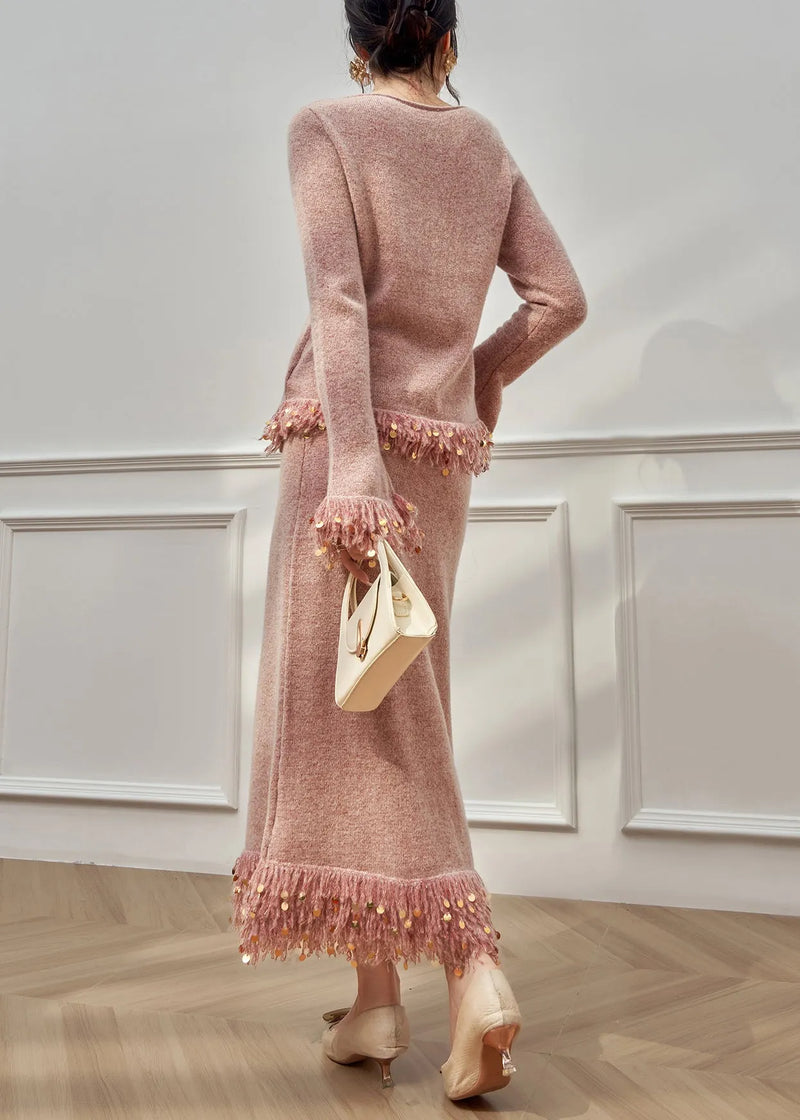 Pink Tasseled Sequins Knit Two Pieces Set Flare Sleeve