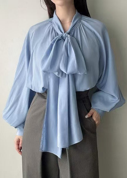 Blue Bow Oversized Silk Tops Lantern Sleeve Fall