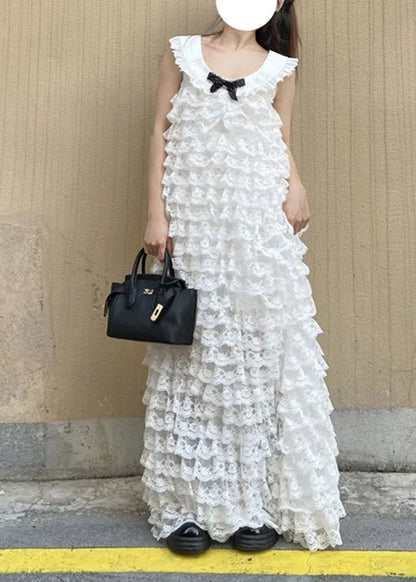 White O-neck Bow Lace Layered Long Dress Spring