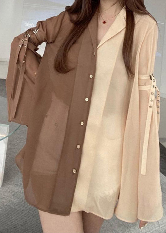 Peter Pan Collar Patchwork Button Chiffon Shirts Flare Sleeve