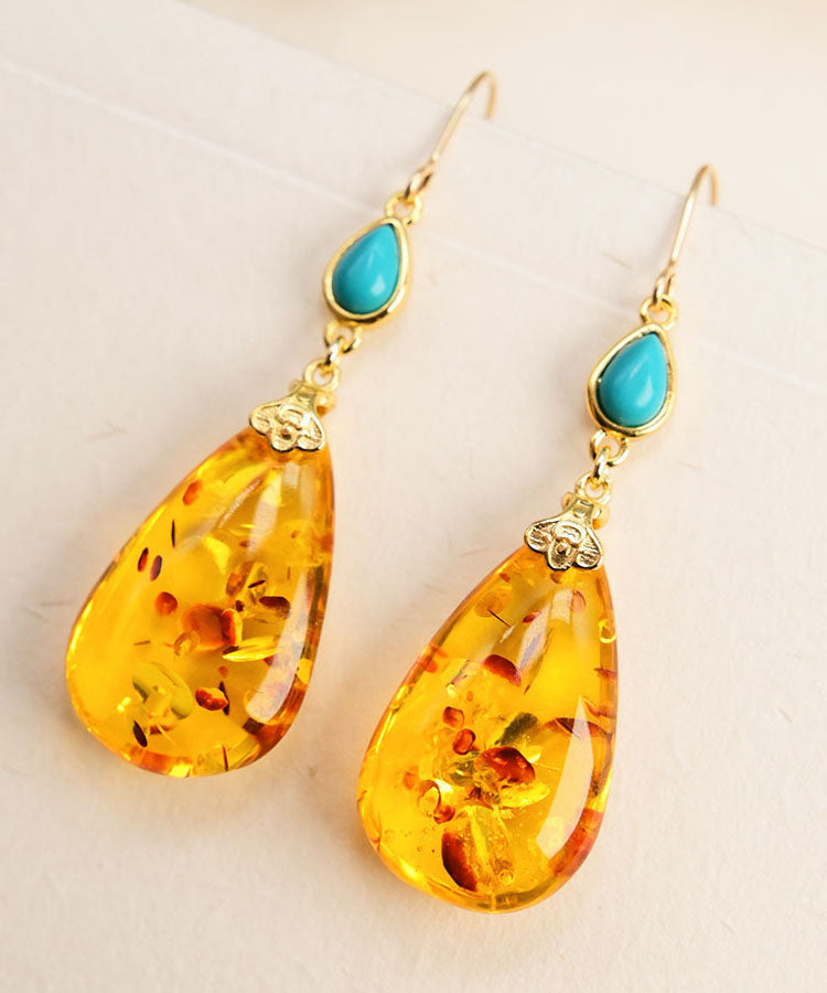 Simple Yellow 14k Gold Water Drop Amber Beeswax Drop Earrings