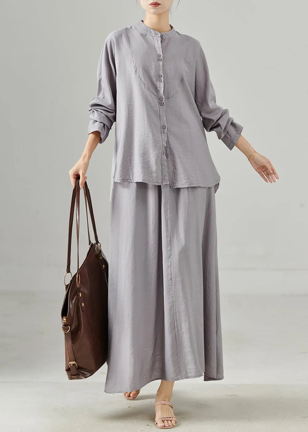 Grey Stand Collar Cotton Tops and Skirts Two Pieces Set Fall