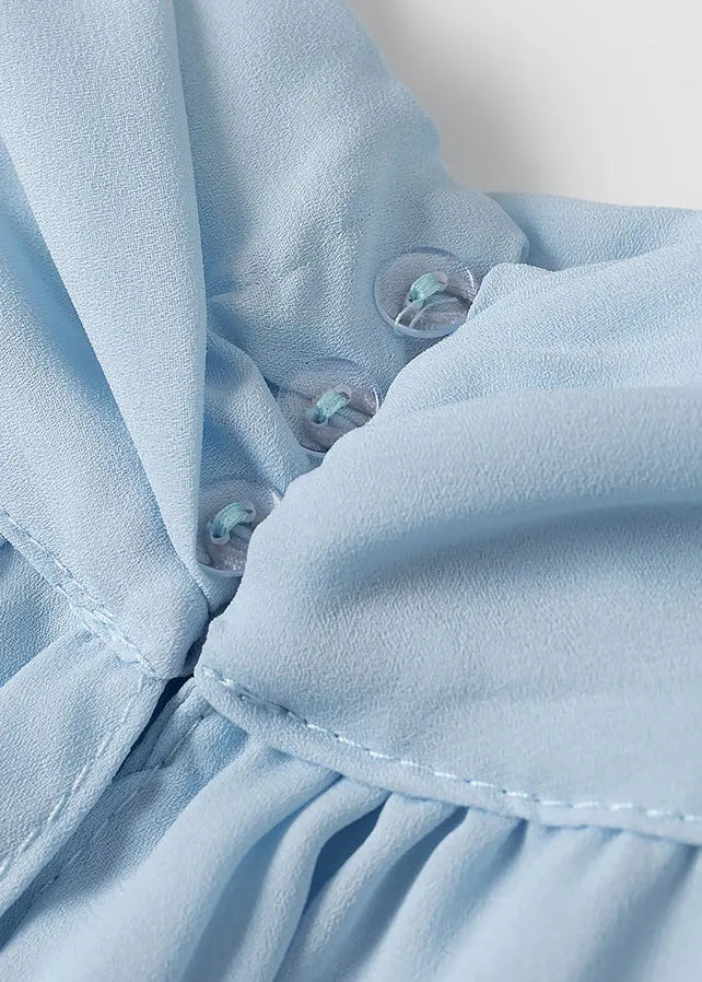 Sky Blue Button Wrinkled Chiffon Mini Dress Batwing Sleeve