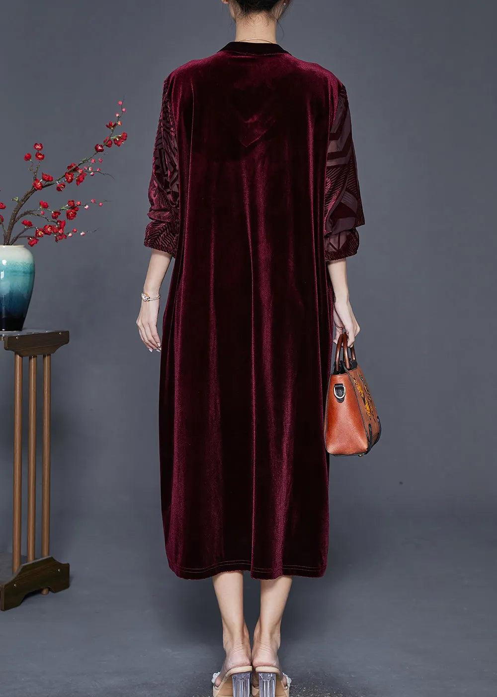 Natural Mulberry V Neck Silk Velour Maxi Dresses Fall