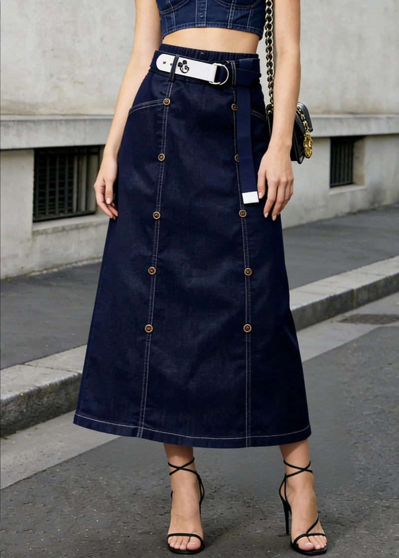 Modern Navy Double Breast Denim a Line Skirt Summer