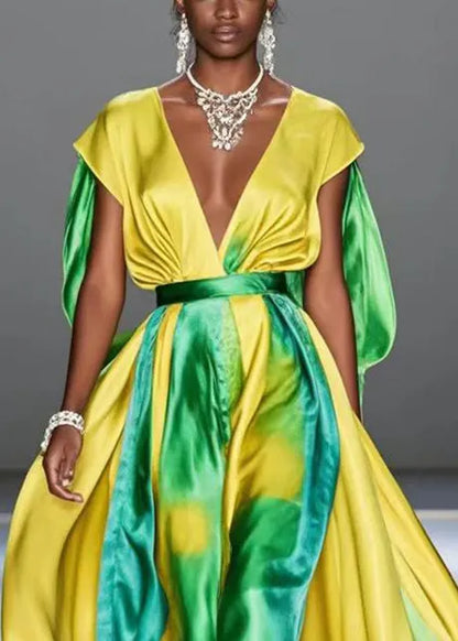Yellow Cinched Tie Dye Silk Long Dresses Summer