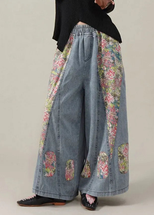 Original Design Blue Pockets Elastic Waist Print Patchwork Wide Leg Jeans
