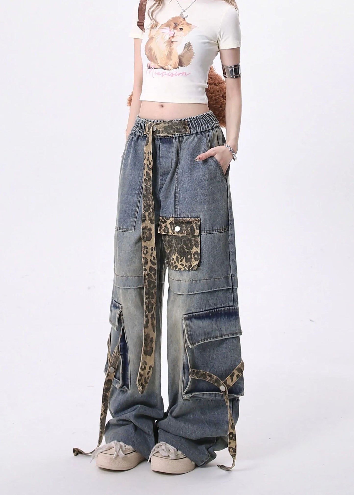 Blue Leopard Pockets Lace Up Patchwork Denim Pants Spring