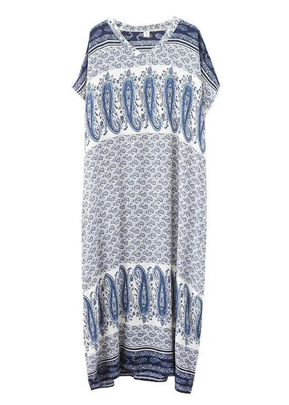 Stylish Blue Print Cotton V Neck Summer Dress