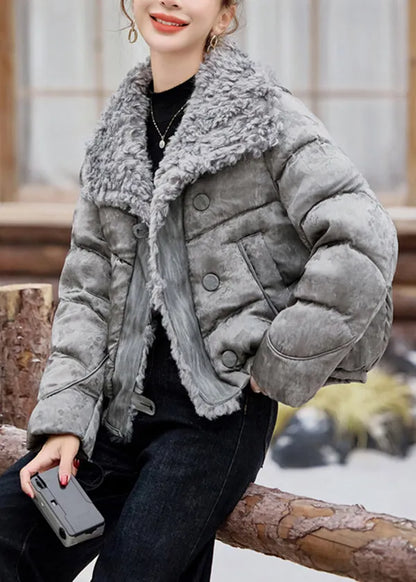Stylish Beige Peter Pan Collar Fuzzy Fur Fluffy Duck Down Jackets Winter