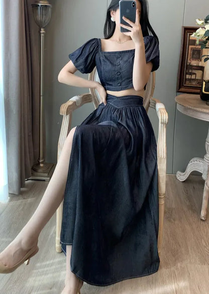 Navy Square Collar Side Open Denim Two-piece Set Summer
