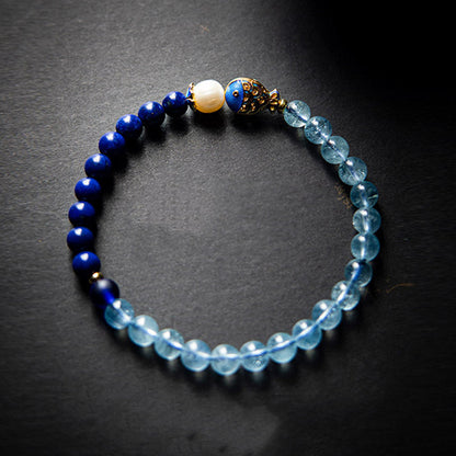 Buddha Stones Natural Aquamarine Lazurite Lapis Lazuli Fish Healing Bracelet