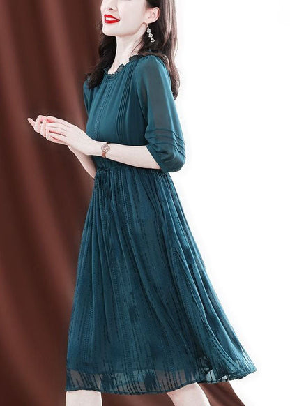 Fitted Green O-neck Ruffled Tie Waist Silk Maxi Dresses Half Sleeve
