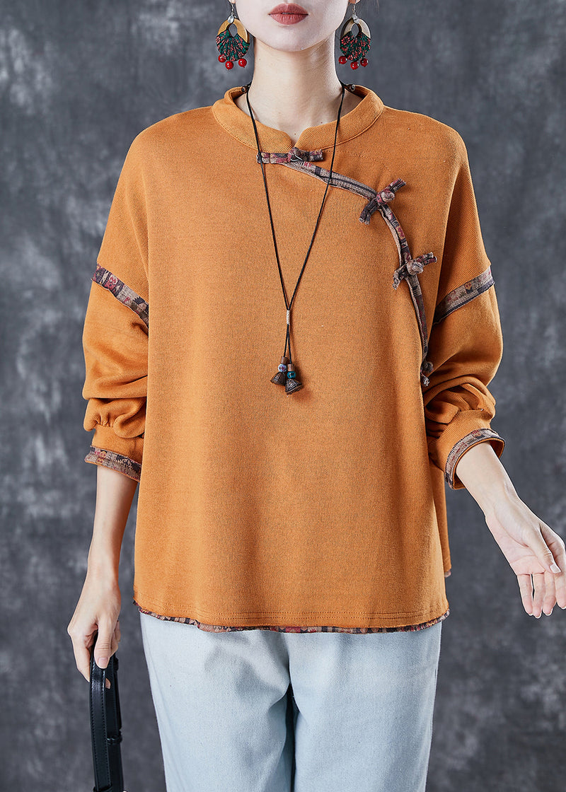 Orange Chinese Button Patchwork Cotton Shirt Tops Spring