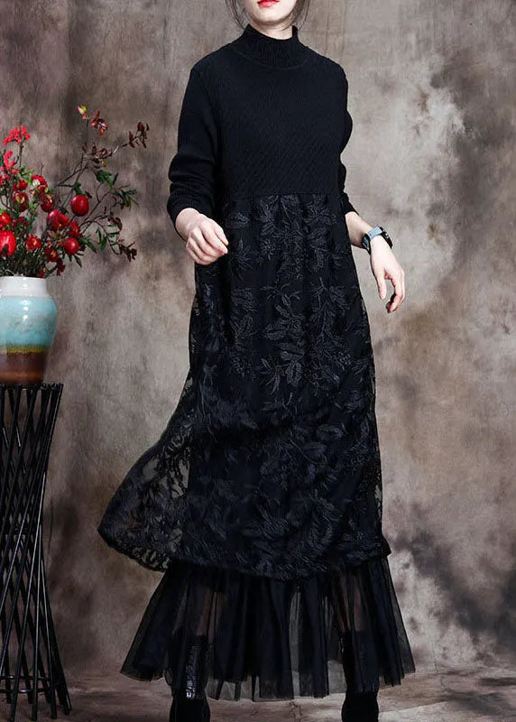 Black Knit Patchwork Asymmetrical Design Fall Knit Dress