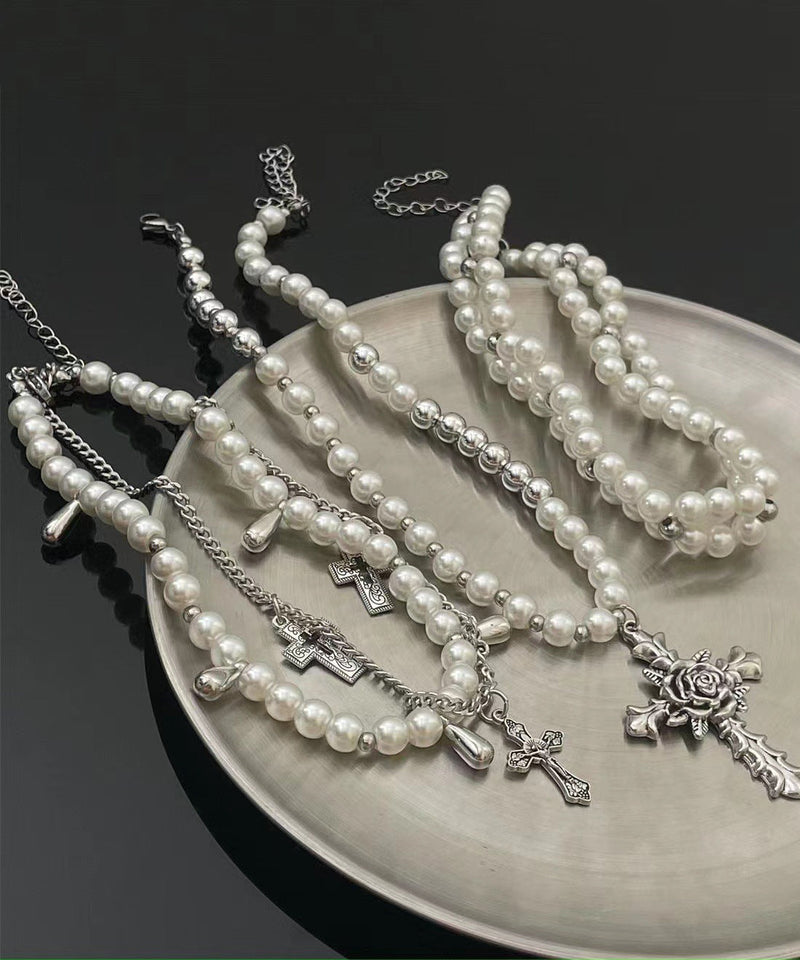White Alloy Pearl Multilayer Cross Gratuated Bead Necklace