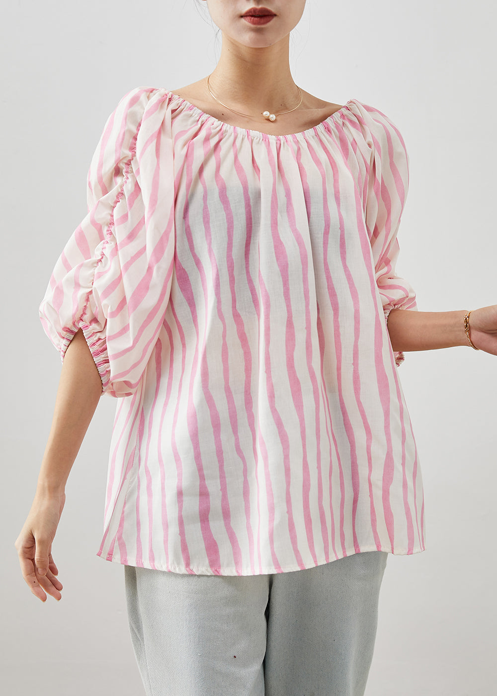 Pink Slash Neck Striped Cotton Shirt Puff Sleeve