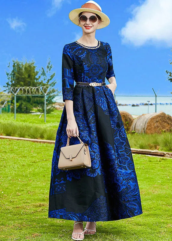 French Blue O-neck Jacquard Sashes Long Dresses Bracelet Sleeve