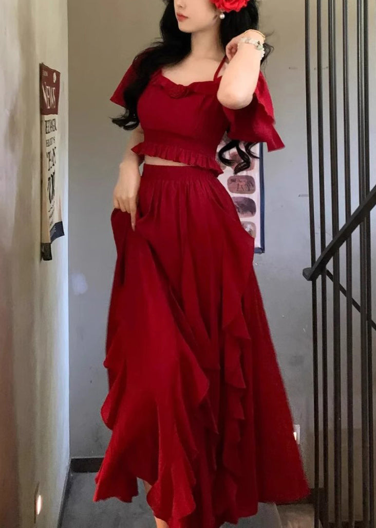 Red Ruffled Tops and Skirts Cotton Two Pieces Set Butterfly Sleeve