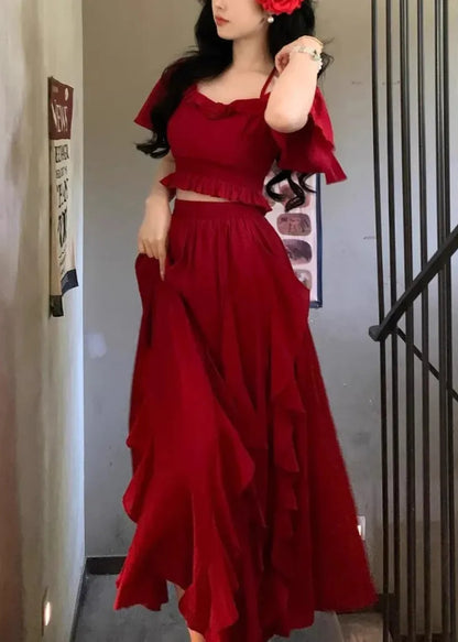 Red Ruffled Tops and Skirts Cotton Two Pieces Set Butterfly Sleeve