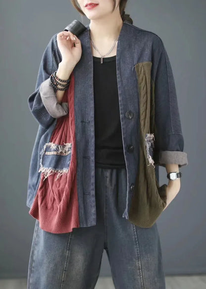 Blue V Neck Knit Patchwork Denim Coats Long Sleeve