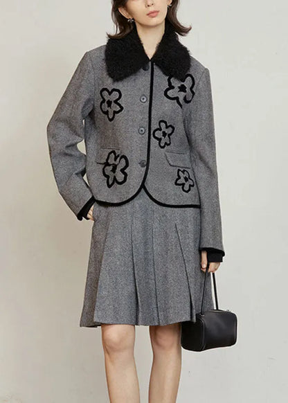 Organic Grey Button Woolen Coat and Skirts Two Pieces Set Fall