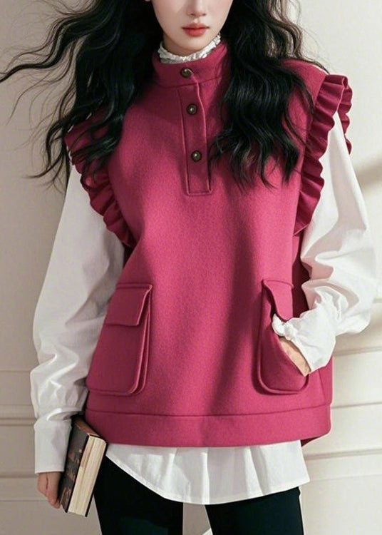 Rose Stand Collar Ruffled Patchwork Cotton Vest Top Sleeveless