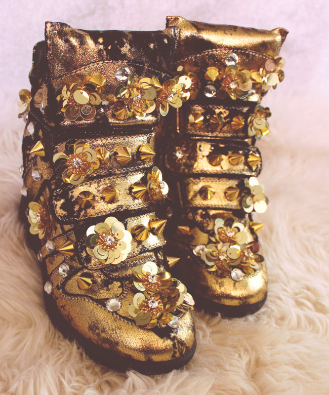 Yellow Sequins Nail Bead Splicing Boots