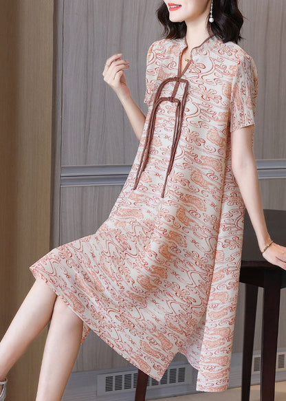 Khaki Print Tassel Side Open Silk a Line Dress Short Sleeve