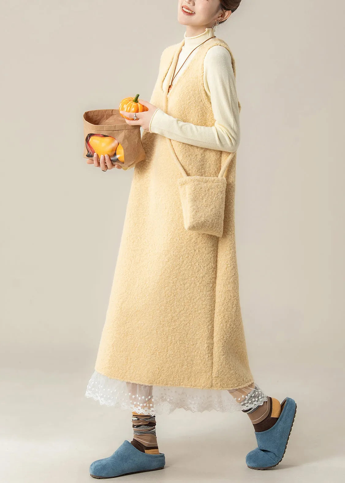 Slim Fit Yellow U Neck Back Side Open Lace Patchwork Woolen Two Pieces Set Spring