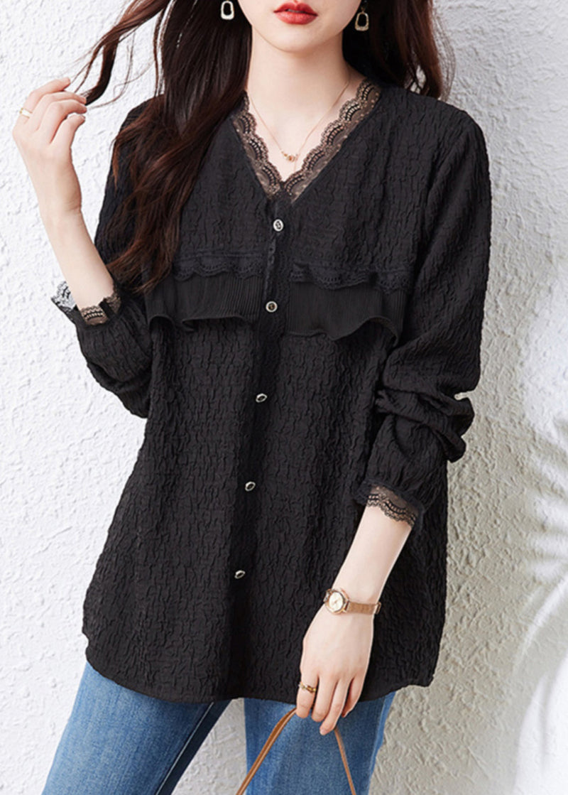 Black V Neck Ruffled Lace Patchwork Top Fall