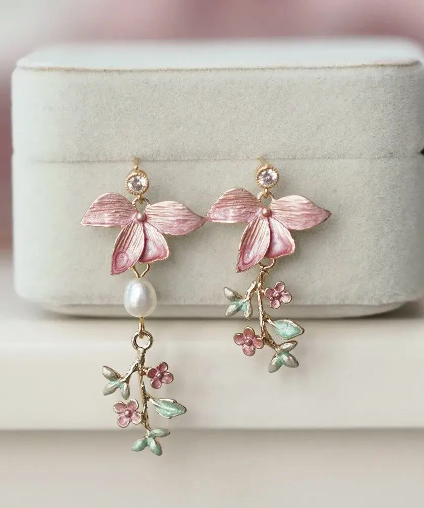 Modern Pink Copper Overgild Pearl Drop Earrings
