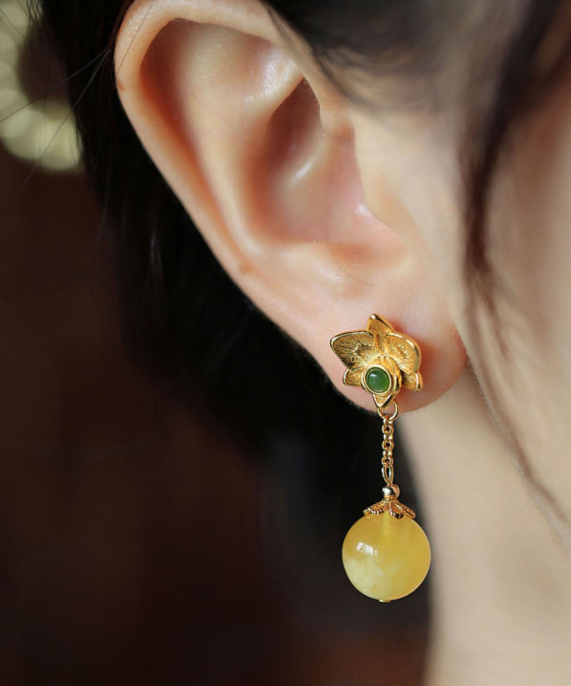 Diy Yellow Sterling Silver Beeswax Amber Jade Drop Earrings