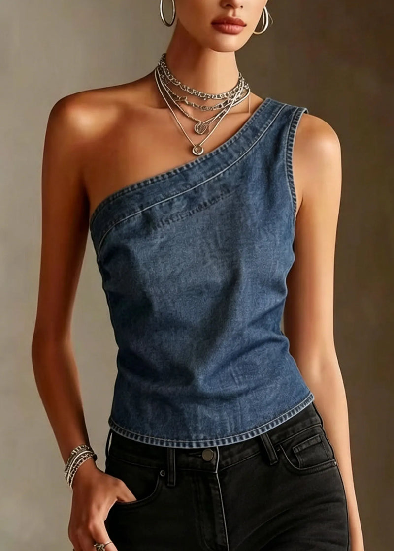 Blue One Shoulder Denim Tank Sleeveless