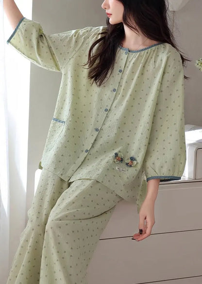 Loose Green O Neck Print Elastic Waist Cotton Pajamas Two Pieces Set Fall