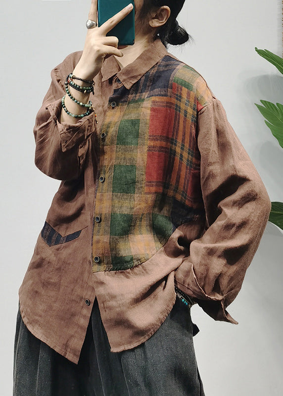 Green Button Peter Pan Collar Plaid Patchwork Linen Blouse Top Long Sleeve