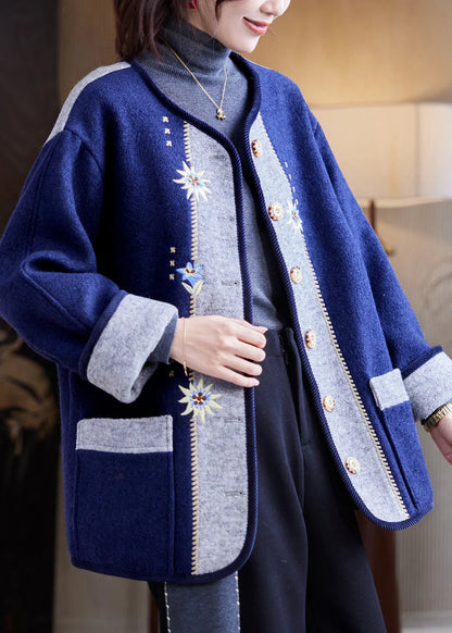 Navy Embroidered Button Woolen Coats Fall