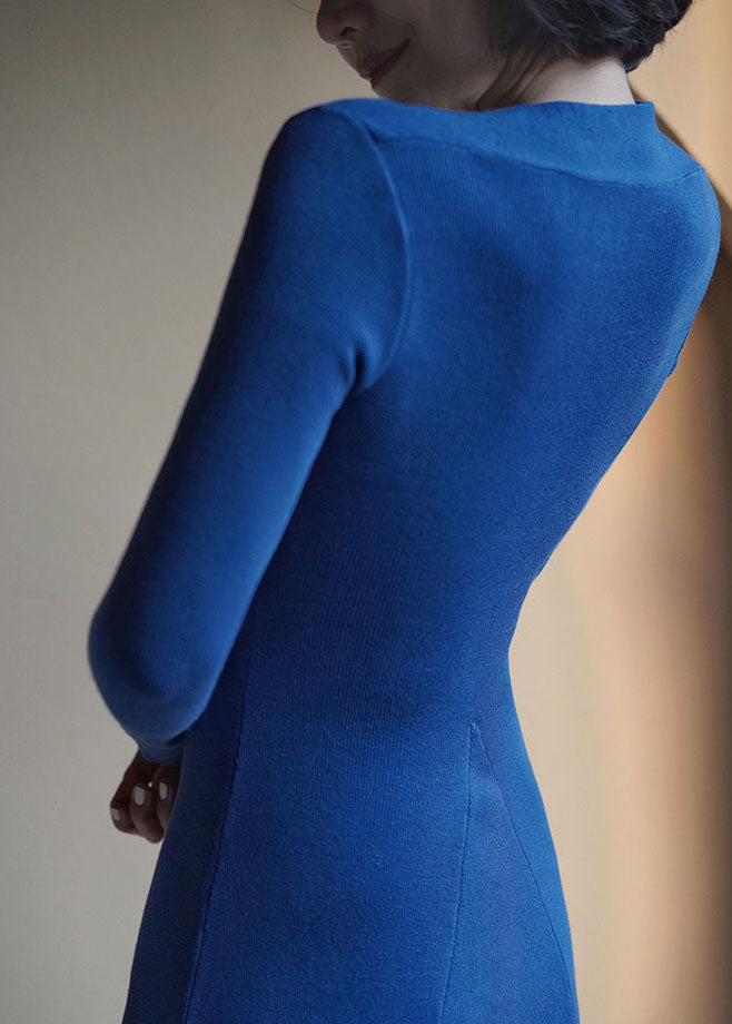 Blue Knit a Line Dress Square Collar Exra Large Hem Spring