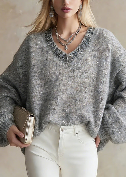 Organic Grey V Neck Zircon Cotton Knit Short Sweater Lantern Sleeve