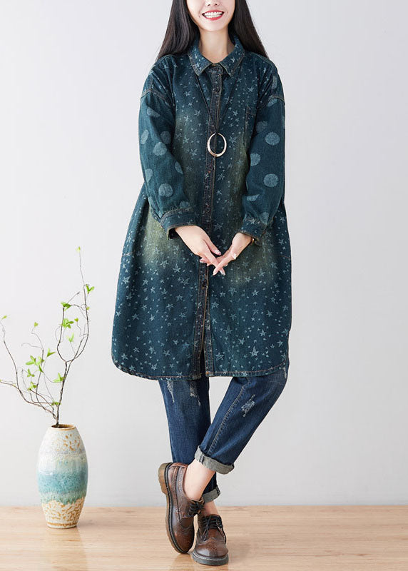 Navy Peter Pan Collar Oversized Print Cotton Trench Coats Spring