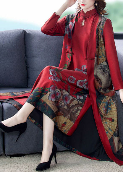 Red Stand Collar Chinese Button Silk Chinese Style Two Pieces Set Spring