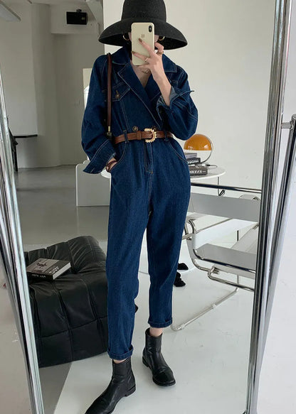 Handmade Blue Peter Pan Collar Denim Jumpsuit Spring