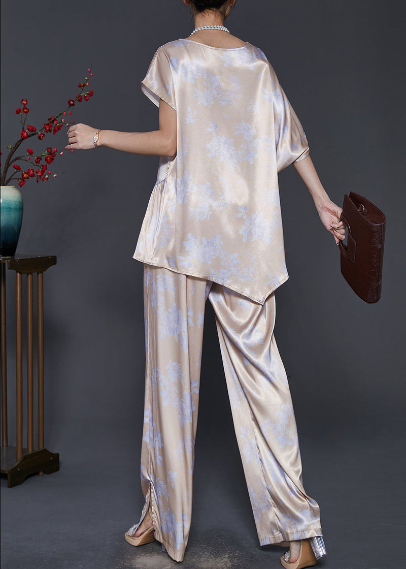 Apricot Asymmetrical Patchwork Print Draping Silk Two Pieces Set Summer