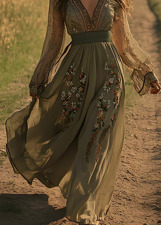 Green V Neck Print Cotton Maxi Dresses Spring